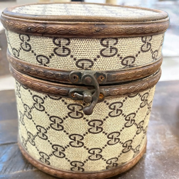 Authentic Gucci Monogram Round Canvas and Wood Jewelry Case large